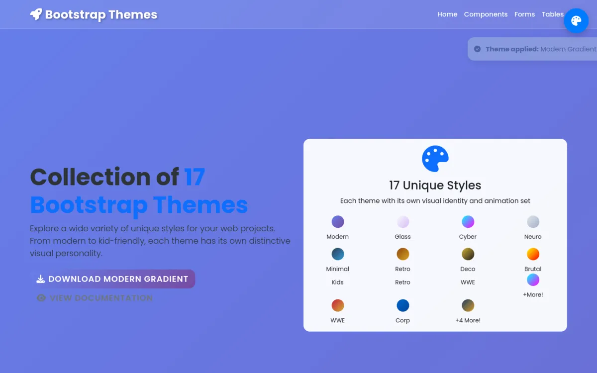 Dev Bakery homepage presenting its collection of 17 Bootstrap themes