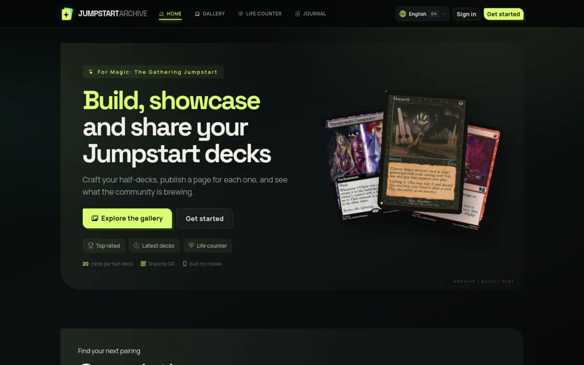 Jumpstart Archive homepage showing Magic cards and deck tools