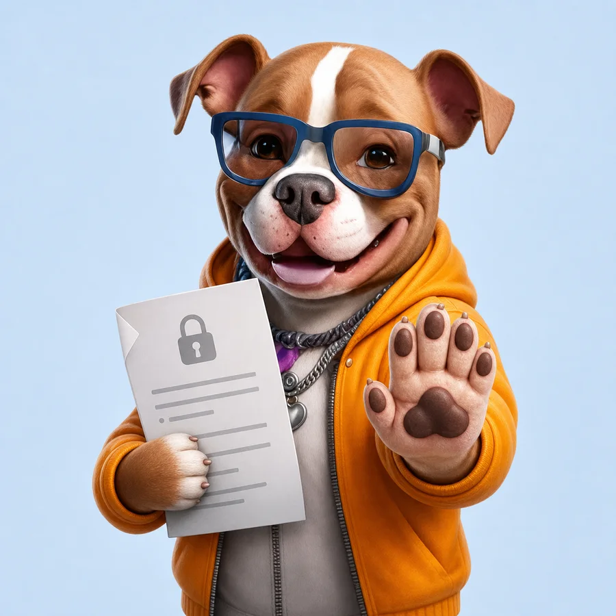 The dog mascot guarding a résumé and raising one paw